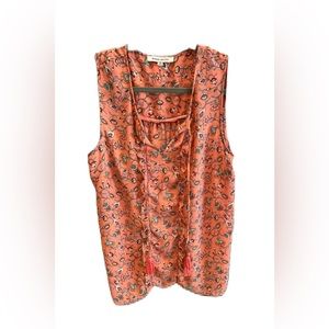 Rose & Olive Sleeveless Top ditsy floral coral blouse boho tassels Medium
